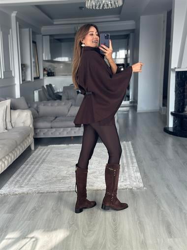 Kahverengi Tek Düğmeli Dik Yaka Kemerli Kadın Kaşe Panço