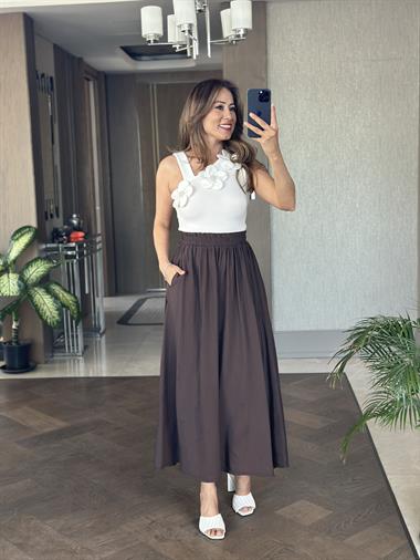 Kahverengi Tnsl Kumaş Beli Lastikli Cepli Kadın Midi Boy Etek