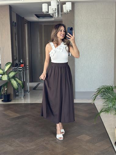 Kahverengi Tnsl Kumaş Beli Lastikli Cepli Kadın Midi Boy Etek