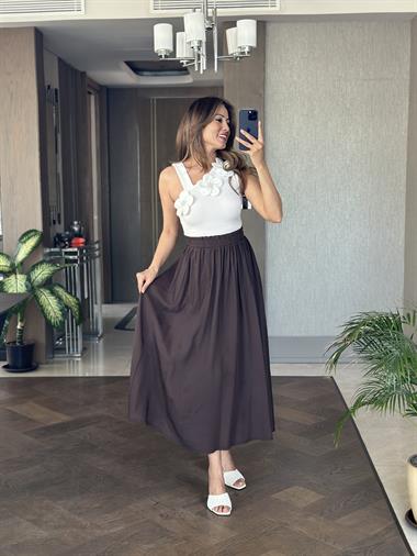 Kahverengi Tnsl Kumaş Beli Lastikli Cepli Kadın Midi Boy Etek