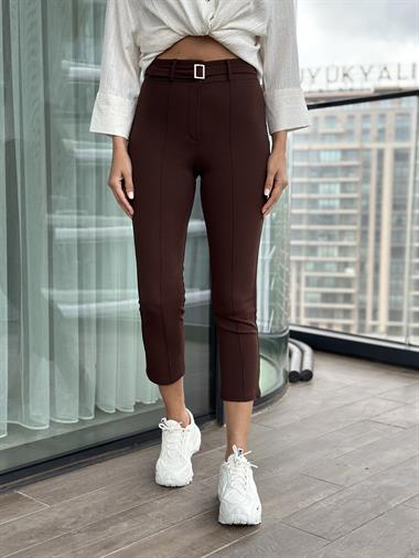 Kahverengi Tokalı Likralı Krep Kadın Pantolon
