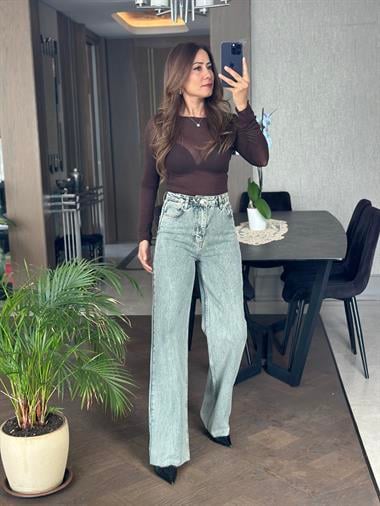 Kahverengi Transparan Geniş Yakalı Uzun Kol Kadın Bluz