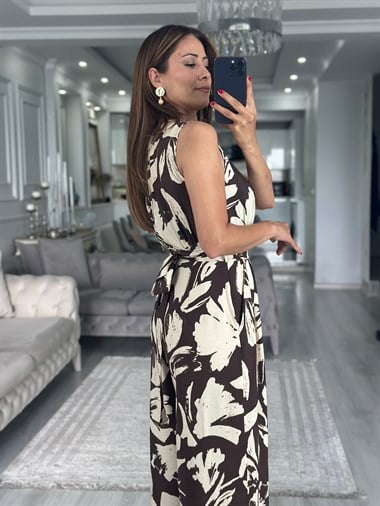 Kahverengi Tropikal Desenli Kolsuz Kadın Tulum