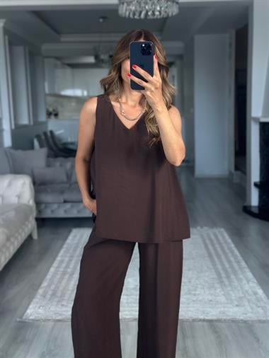 Kahverengi V Yaka Bluz Bol Paça Pantolon Kadın Alt Üst Takım