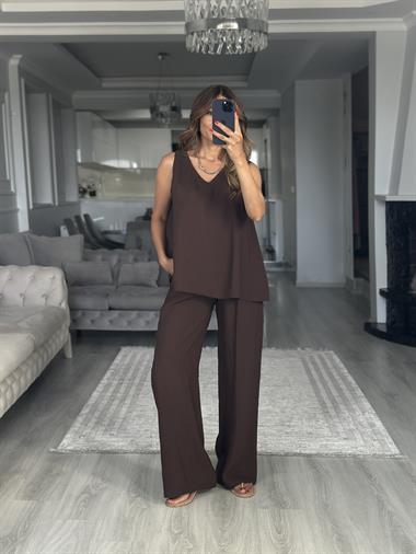 Kahverengi V Yaka Bluz Bol Paça Pantolon Kadın Alt Üst Takım
