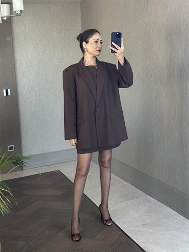 Kahverengi Vatkalı Tek Düğmeli Oversize Kadın Ceket