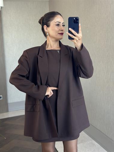 Kahverengi Vatkalı Tek Düğmeli Oversize Kadın Ceket