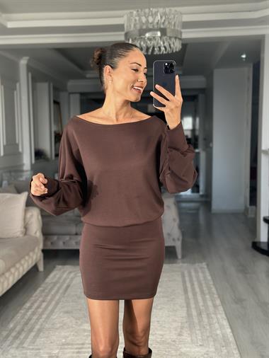 Kahverengi Yarasa Kol Düşük Omuz Modal Kumaş Mini Elbise 