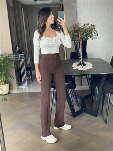 Kahverengi Yüksek Bel Geniş Paça Önü Dikişli Likralı Krep Kadın Pantolon