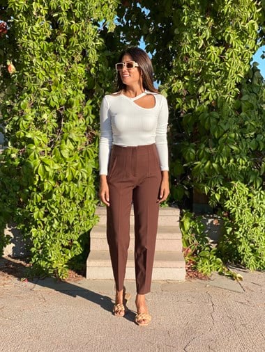 Kahverengi Yüksek Bel Önü Flatolu Kadın Pantolon