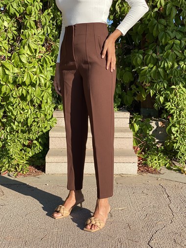 Kahverengi Yüksek Bel Önü Flatolu Kadın Pantolon