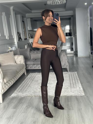 Kahvrengi İnce Belli New Kadın Disko Tayt