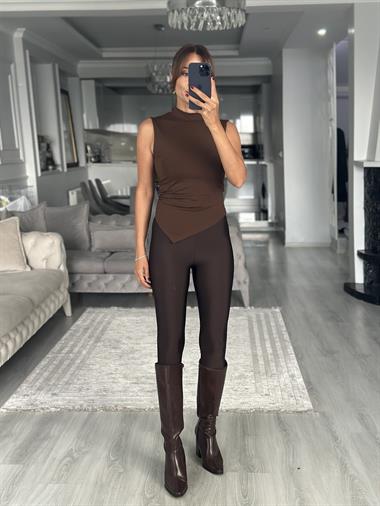 Kahvrengi İnce Belli New Kadın Disko Tayt