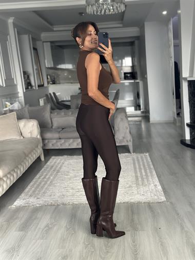 Kahvrengi İnce Belli New Kadın Disko Tayt