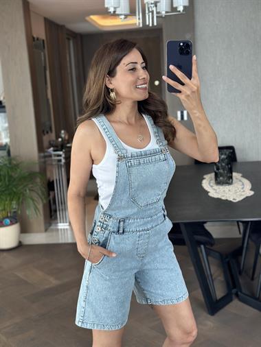 Kar Yıkama Askılı Kadın Kot Şort Salopet