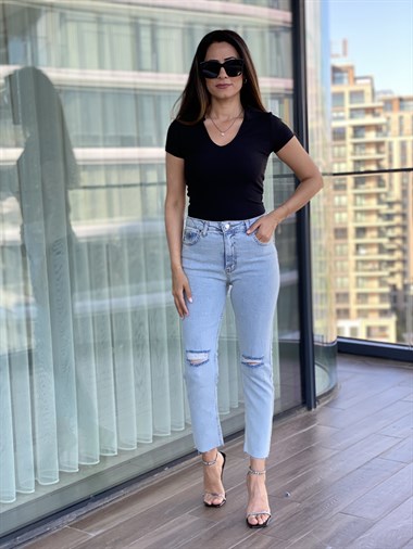 Kar Yıkama Dizleri Yırtık Kesik Paça Boy Fit Jean