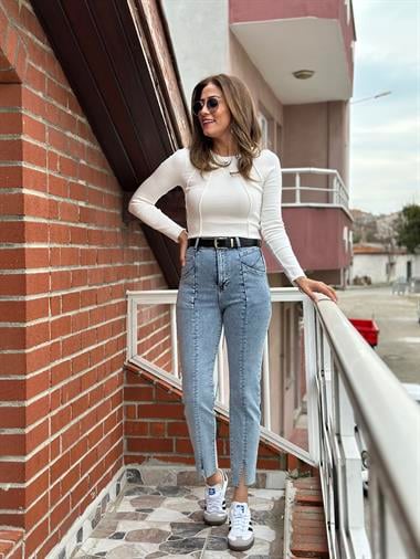 Kar Yıkama Önü Dikiş Detay Kesik Paça Mom Slim Fit Kadın Jean  Pantolon