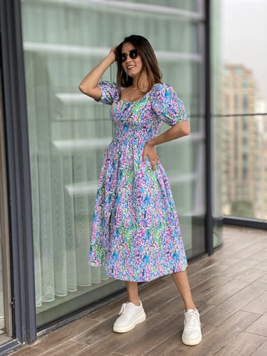 Karışık Desenli Önü Düğmeli Prenses Elbise