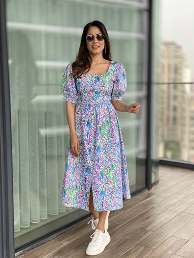 Karışık Desenli Önü Düğmeli Prenses Elbise