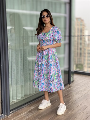 Karışık Desenli Önü Düğmeli Prenses Elbise