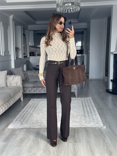 Kemik Dik Yaka Dantel Transparan Kadın Bluz