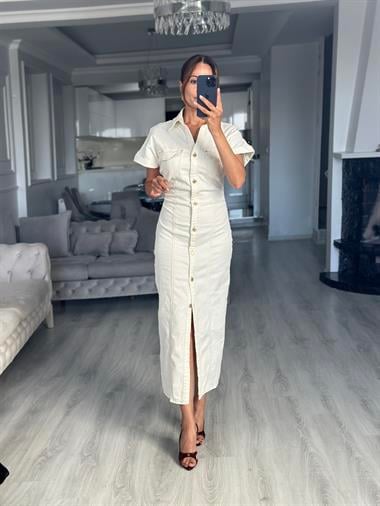 Kemik Gold Düğmeli Kısa Kol Midi Boy Kadın Jean Elbise