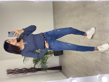 Kırçıllı Lacivert Uzun Kol Patlı Kadın Bluz