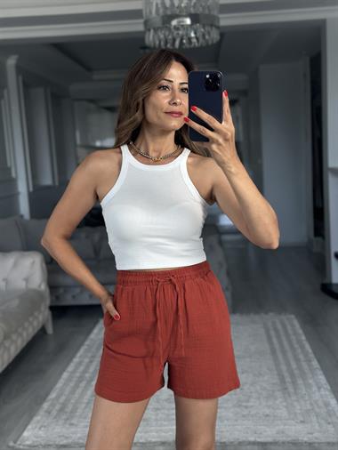 Kiremit Beli Lastikli Müslin Kumaş Kadın Şort