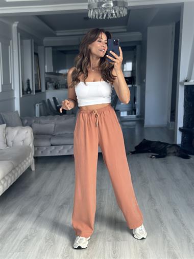 Kiremit Bol Paça Kemeri Bağcıklı Tnsl Kadın Pantolon