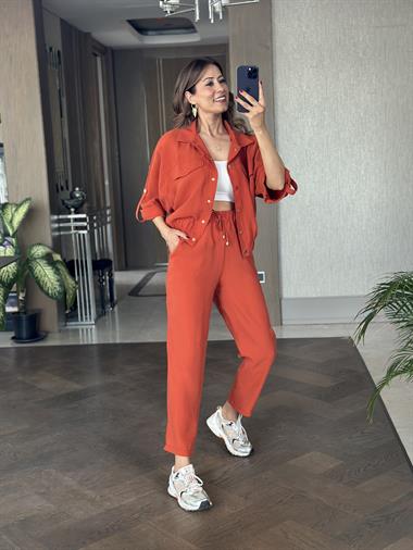 Kiremit Bomber Ceket Pantolon Kadın İkili Takım