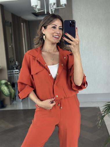 Kiremit Bomber Ceket Pantolon Kadın İkili Takım