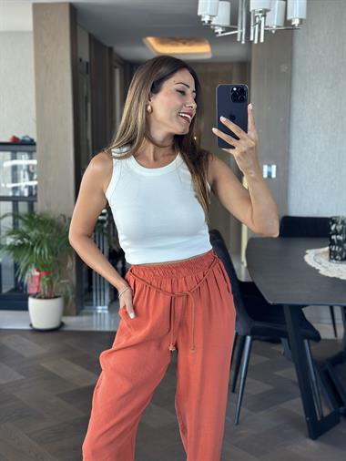 Kiremit Duble Paça Örgü Kemerli Tnsel Kadın Pantolon