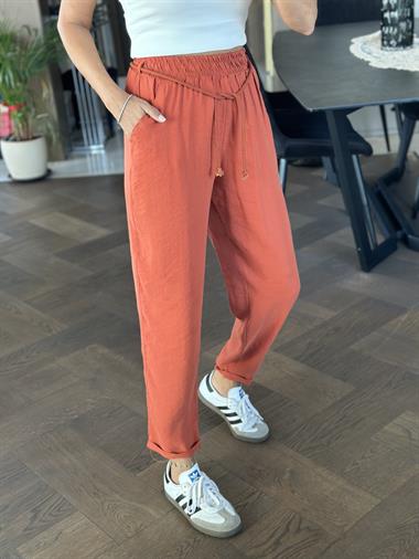 Kiremit Duble Paça Örgü Kemerli Tnsel Kadın Pantolon