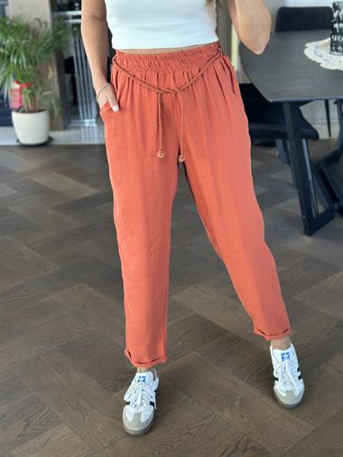 Kiremit Duble Paça Örgü Kemerli Tnsel Kadın Pantolon