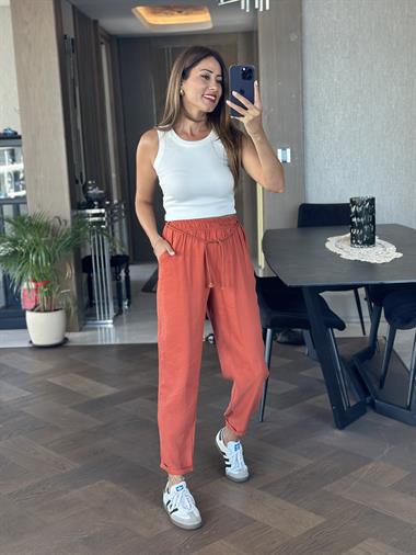 Kiremit Duble Paça Örgü Kemerli Tnsel Kadın Pantolon