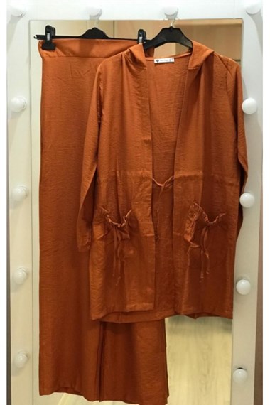 Kiremit Kapüşonlu Keten İkili Takım