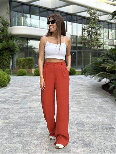 Kiremit Keten Aerobin Cepli Bol Paça Kadın Pantolon