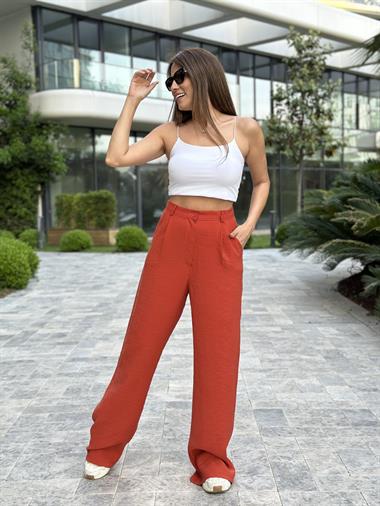 Kiremit Keten Aerobin Cepli Bol Paça Kadın Pantolon