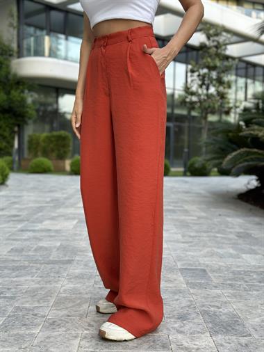 Kiremit Keten Aerobin Cepli Bol Paça Kadın Pantolon