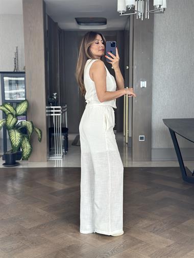 Kırık Beyaz Astarlı Yelek Pantolon Keten Kadın Takım 