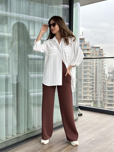 Kırık Beyaz Camel Çizgili İki Cepli Oversize Kadın Gömlek