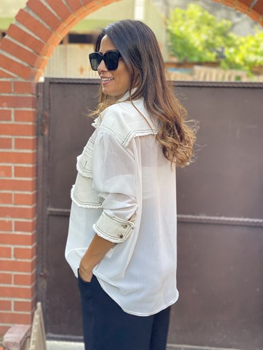 Kırık Beyaz Gabardin Garnili Şifon Kadın Gömlek