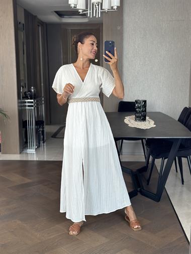Kırık Beyaz Kemerli Mini Astarlı Kruvaze Yaka Midi Boy Kadın Elbise