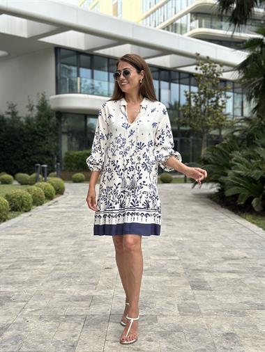 Kırık Beyaz Lacivert Desenli Hakim Yaka Bağcık Detay Kadın Mini Elbise