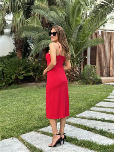 Kırmızı Askılı Gloplu Atlas Kadın Elbise