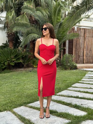 Kırmızı Askılı Gloplu Atlas Kadın Elbise