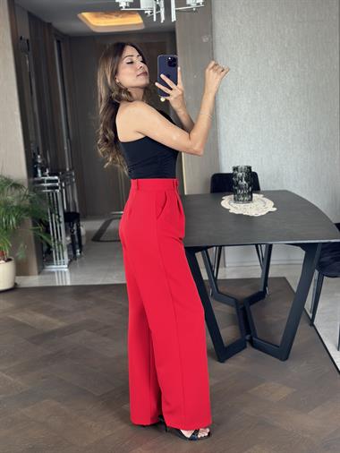 Kırmızı Atlas Kumaş Orjinal Marka Palazzo Kadın Pantolon