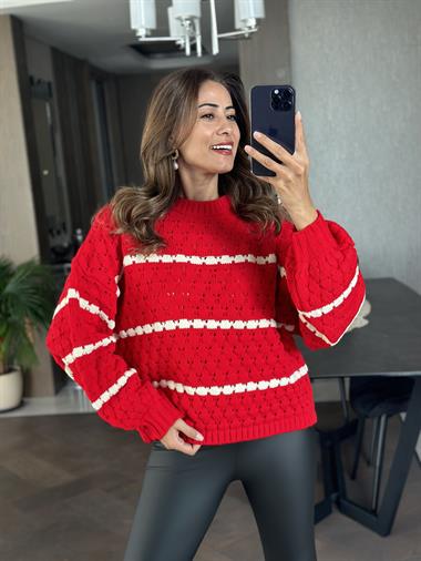 Kırmızı Beyaz Üç Çizgili Kadın Triko Kazak