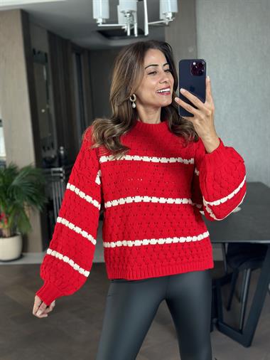 Kırmızı Beyaz Üç Çizgili Kadın Triko Kazak