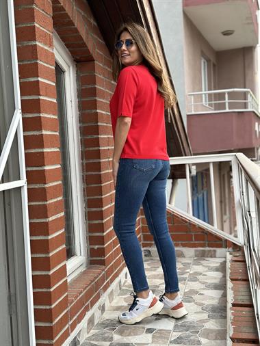 Kırmızı Bisiklet Yaka Arka Damla Detay Kısa Kol Merserize Kadın Bluz